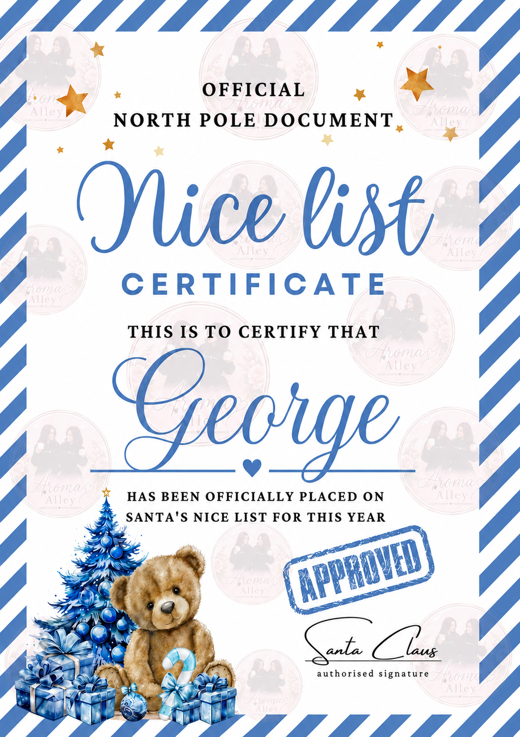 Personalised The nice list blue teddy certificate