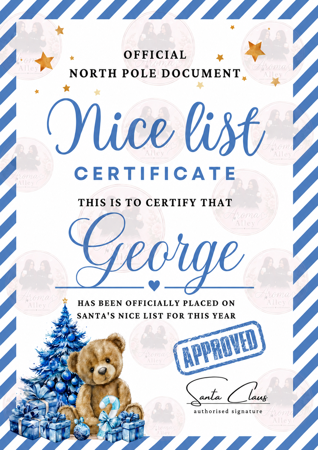 Personalised The nice list blue teddy certificate