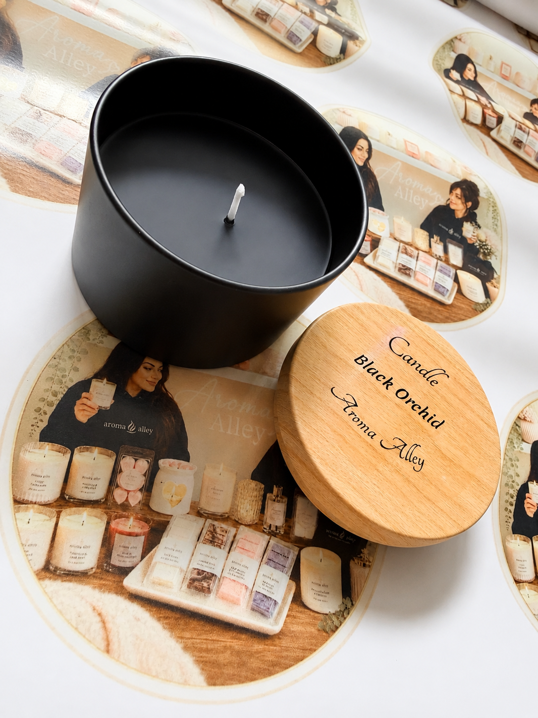 Black Orchid candle in our matte black tin
