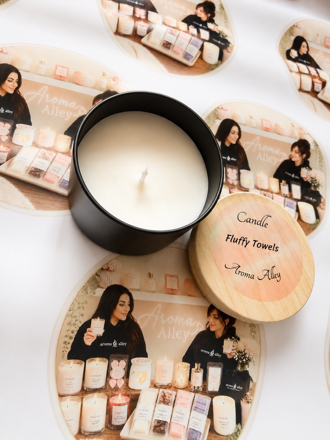 Fluffy Towels scented candle in our matte black tin