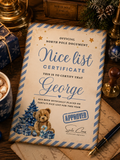 Personalised The nice list blue teddy certificate