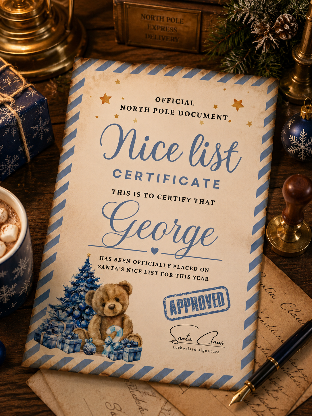 Personalised The nice list blue teddy certificate