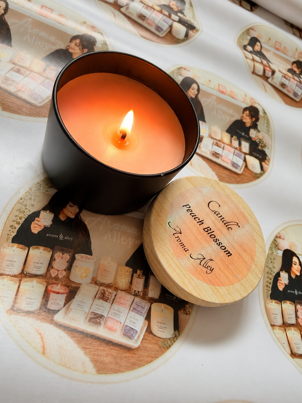 Peach Blossom candle in our matte black tin