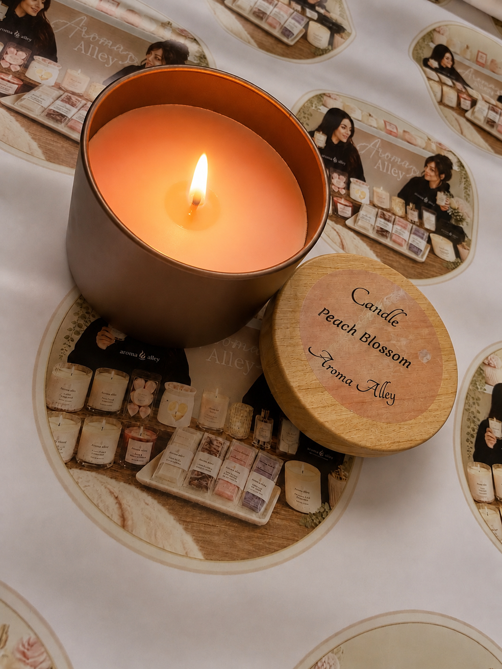 Peach Blossom scented candle in our matte dusky pink tin