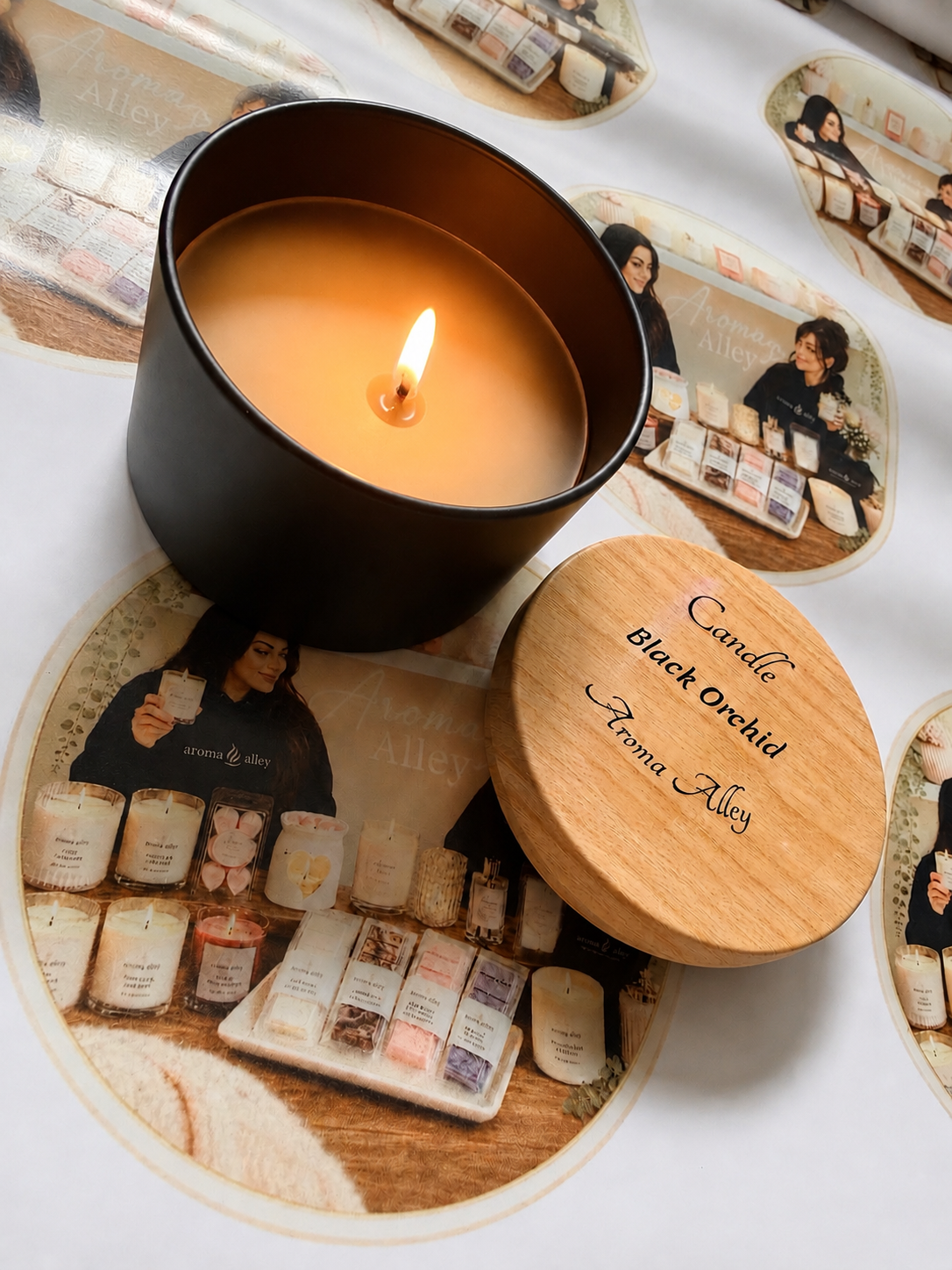Black Orchid candle in our matte black tin