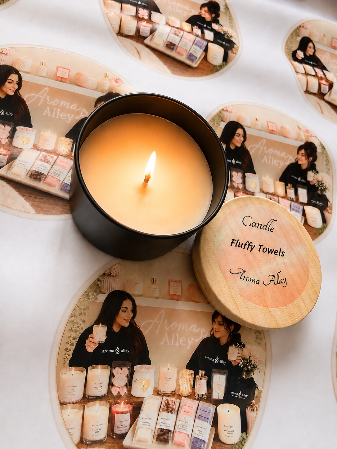 Fluffy Towels scented candle in our matte black tin