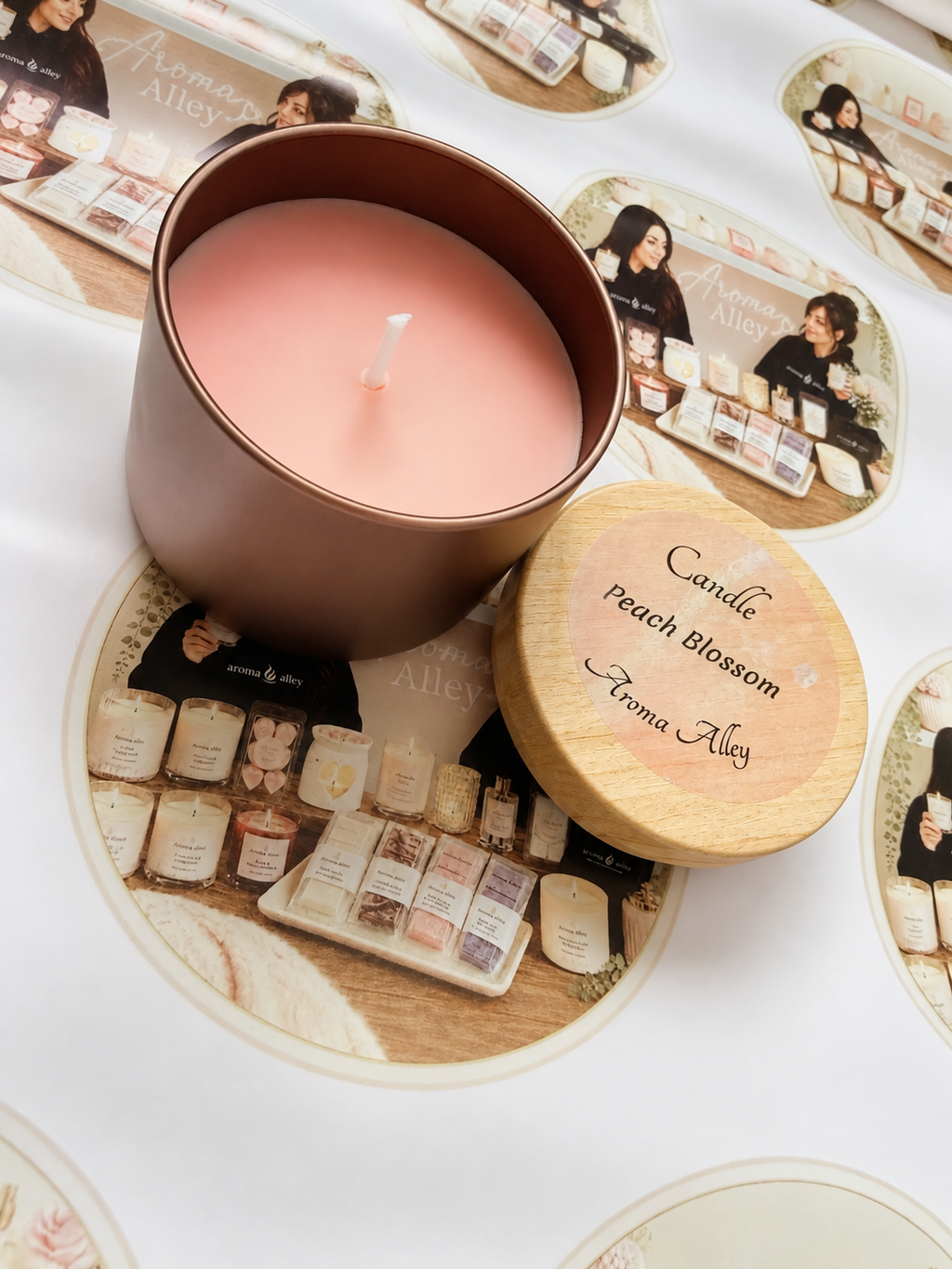 Peach Blossom scented candle in our matte dusky pink tin