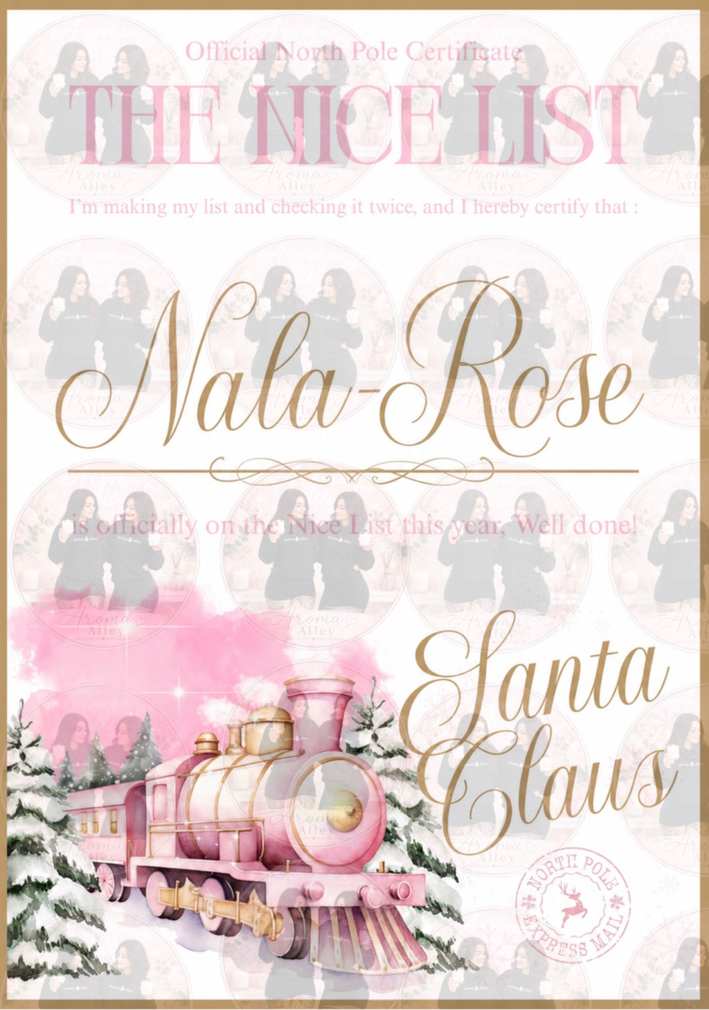 Personalised The nice list pink train certificate