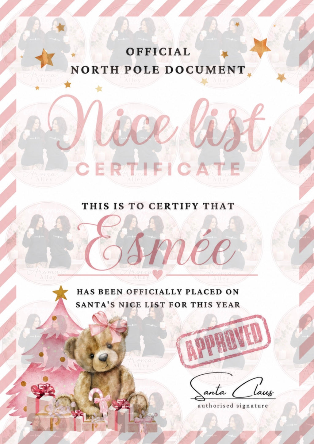 Personalised The nice list pink teddy certificate