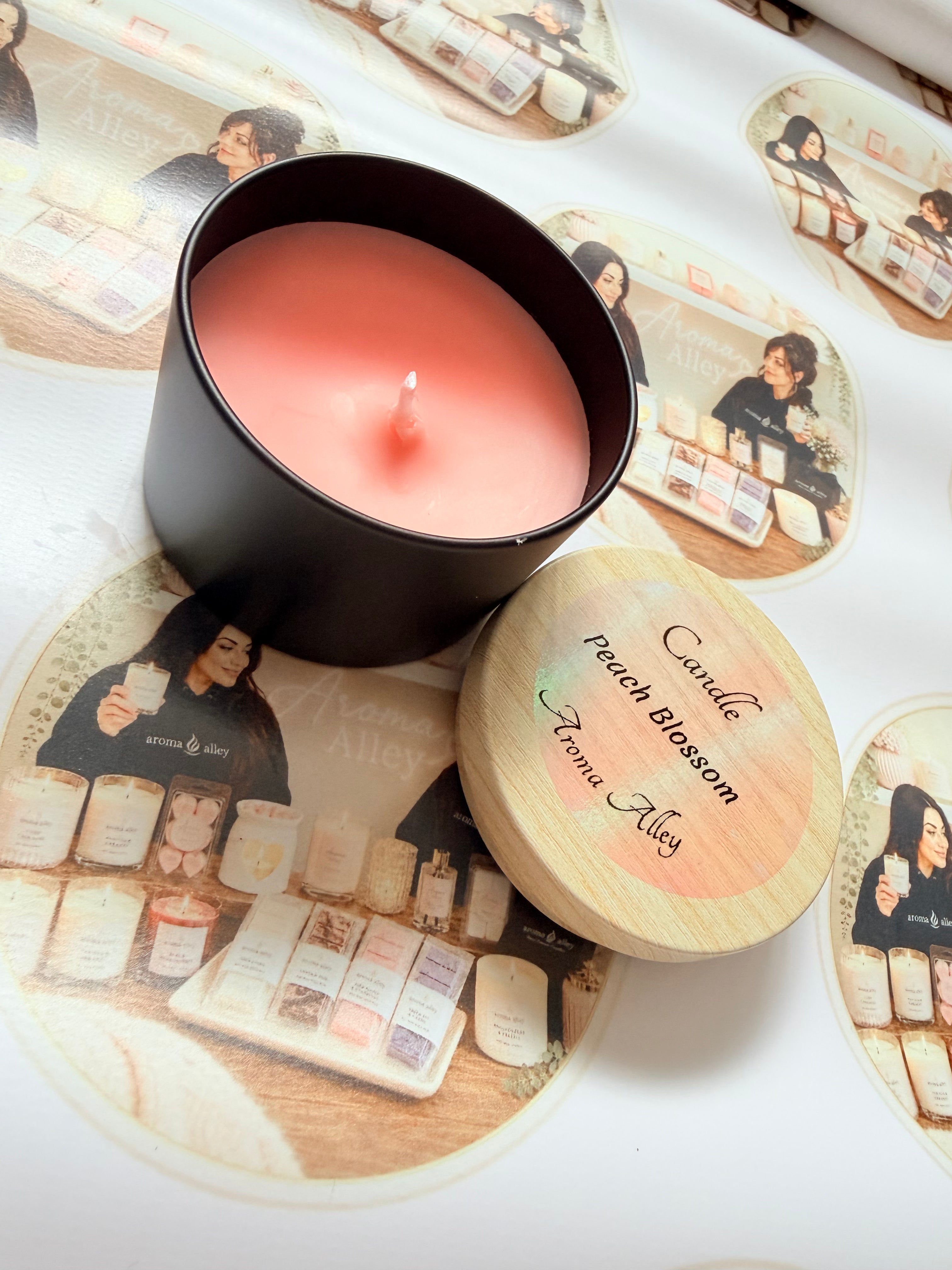 Peach Blossom candle in our matte black tin