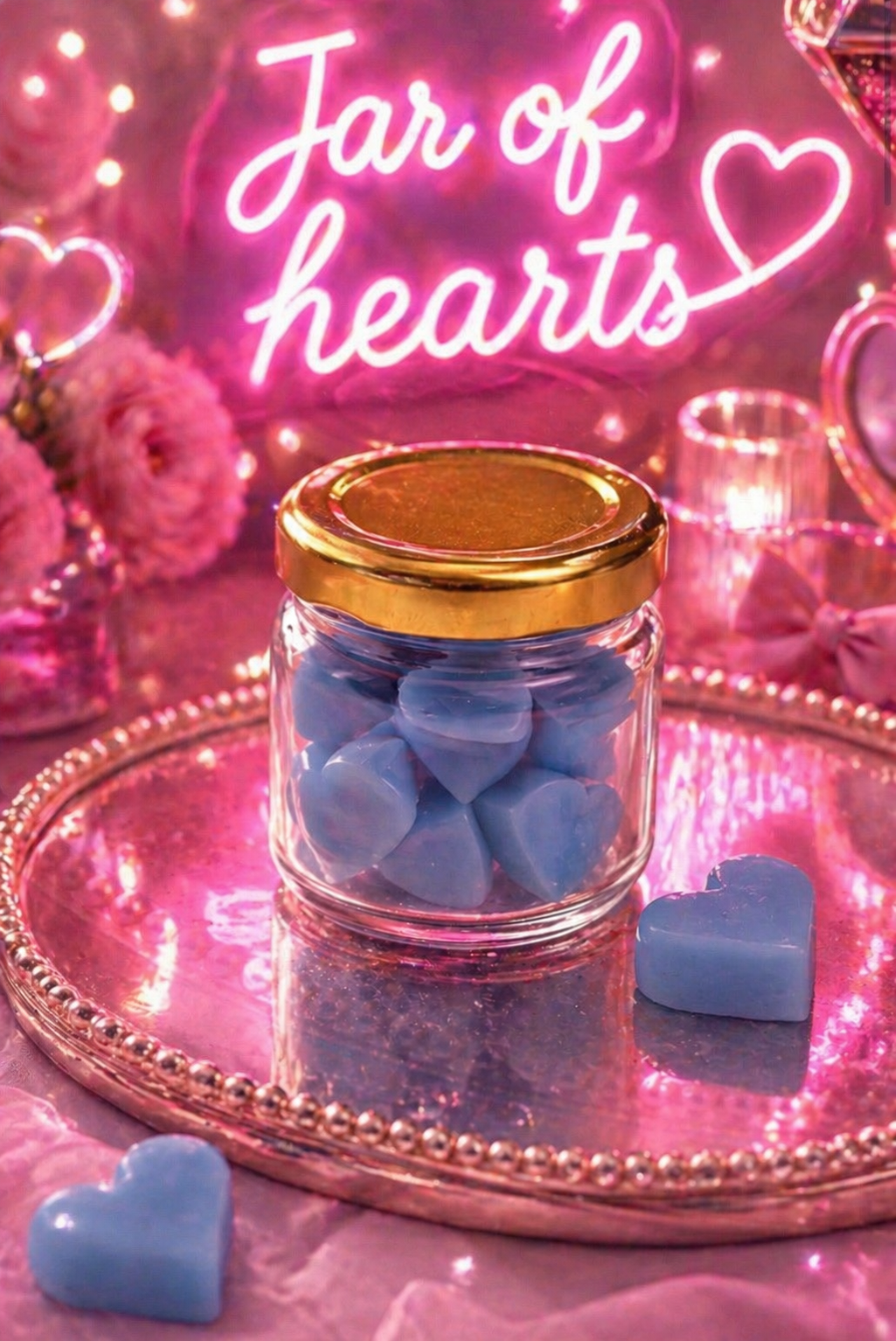 Blue Jar of heart-shaped wax melts